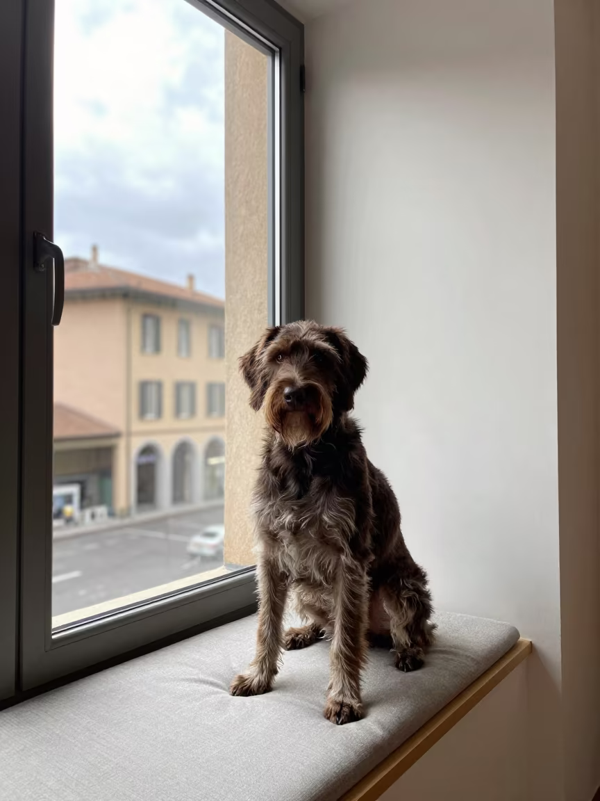 German Wirehaired Portrait on Window Seat in on a cushioned window seat with soft side light and an uncluttered background near Bologna