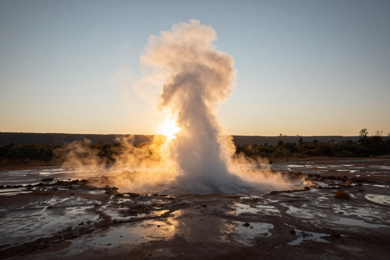 Geyser Erupting Golden Hour Congo Winter Sky in across a wide valley floor in Congo