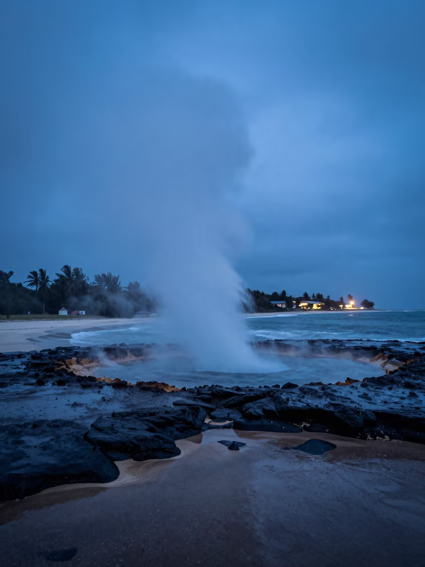 Geyser Erupting on Zanzibar Shore at Dusk in along a wave-cut shoreline near Zanzibar
