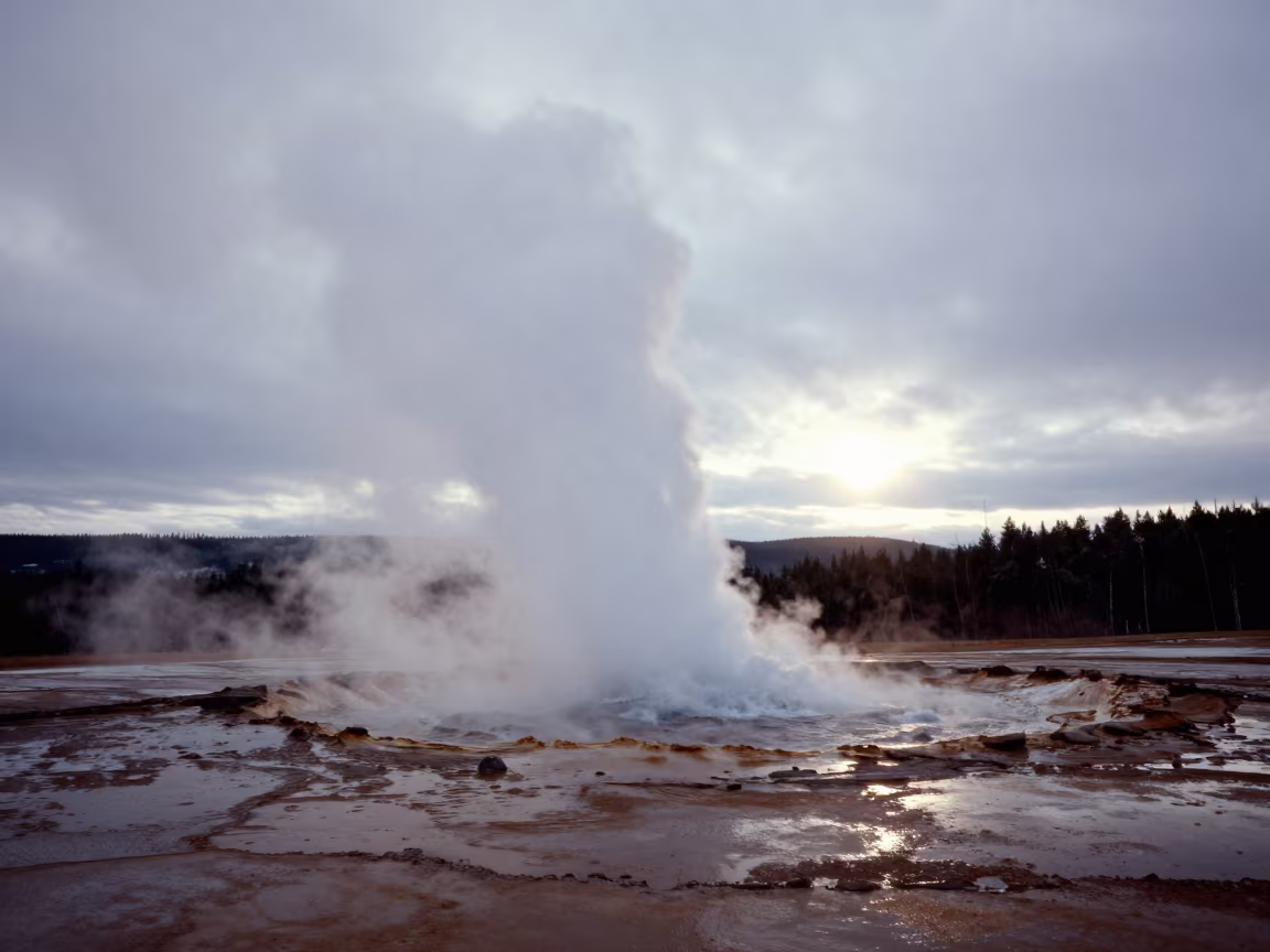 Geyser Eruption Over Kaunas Valley at Dusk in across a wide valley floor near Kaunas