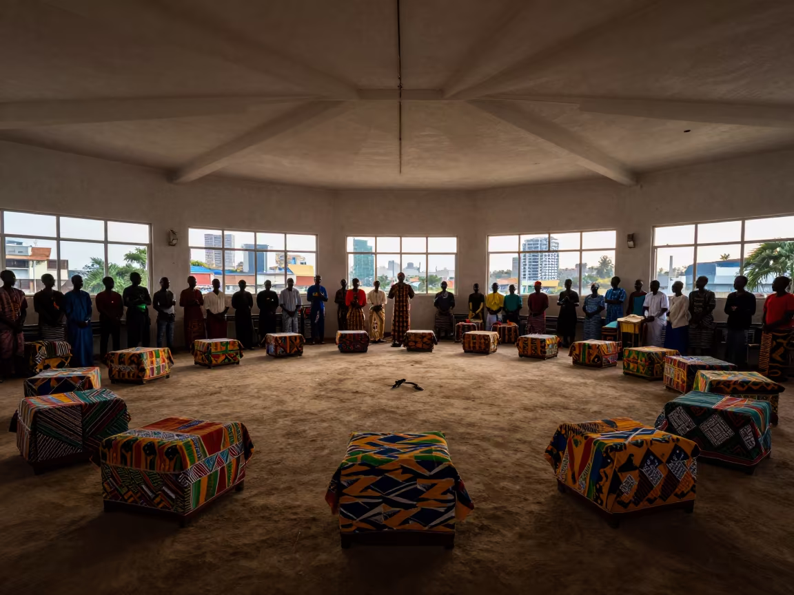 Ghanaian Akwasidae Stools Silhouetted in Lagos Hall in in a prayer hall in Lagos