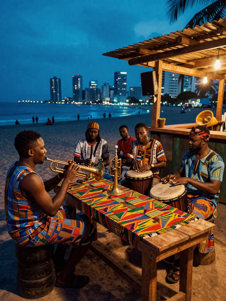 Ghanaian Highlife Band at Beachside Bar in Ciudad Guayana in on a wooden workbench near Ciudad Guayana