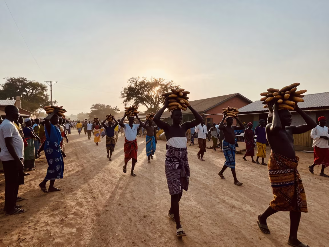 Ghanaian Homowo Yam Ceremony Evening Silhouette in at a festival street procession in Beawar