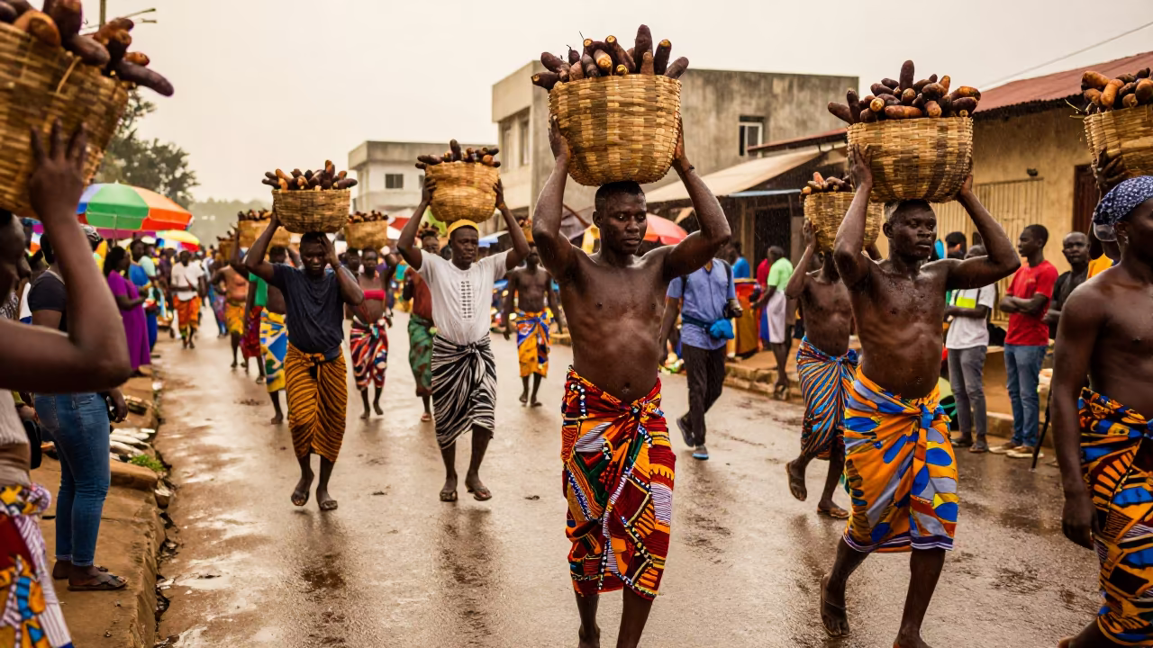 Ghanaian Homowo Yam Ceremony Street Procession in at a festival street procession in Bernal
