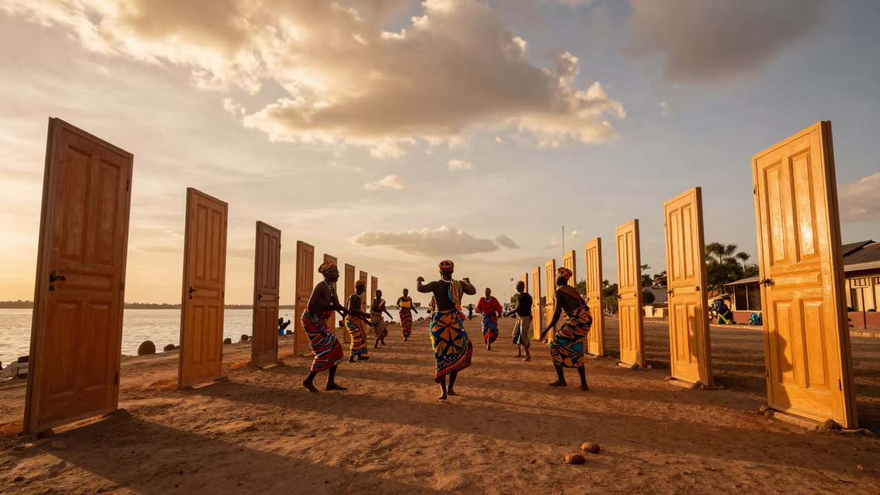 Ghanaian Homowo Yam Ceremony Surreal Chihuahua in at a waterfront celebration near Chihuahua