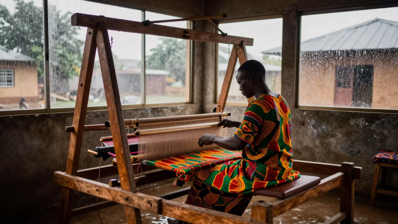 Ghanaian Kente Weaver at Loom in Lagos Hall in in a ceremonial hall in Yaba, Lagos