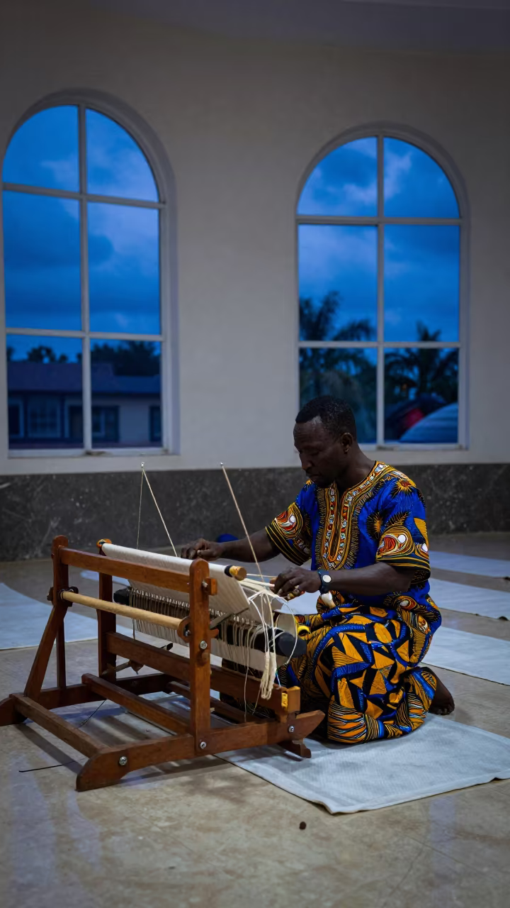 Ghanaian Kente Weaver in Lagos Prayer Hall in in a prayer hall in Lagos