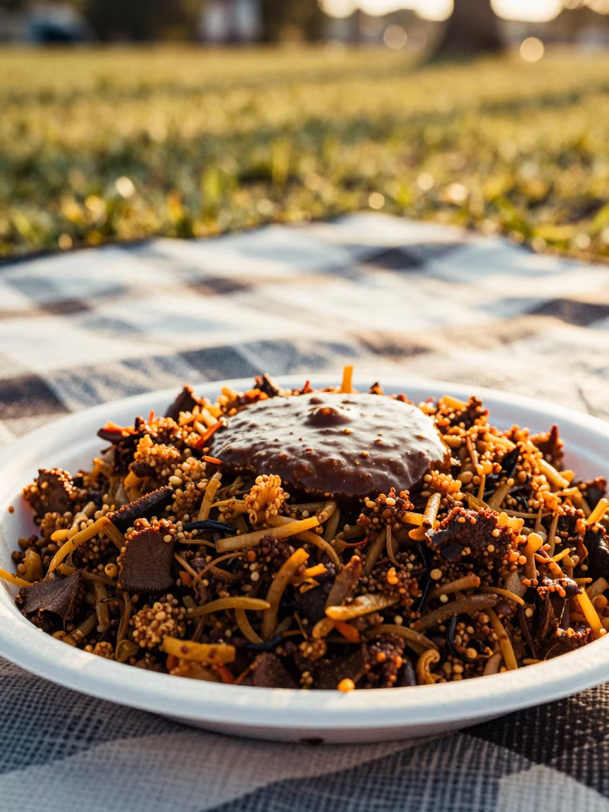 Ghanaian Waakye with Shito on Picnic Blanket in on a picnic blanket in Northcote, Melbourne
