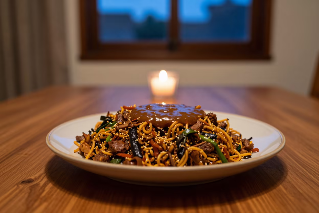 Ghanaian Waakye with Shito Sauce Candlelit in on a ceramic plate by a window in Aleppo