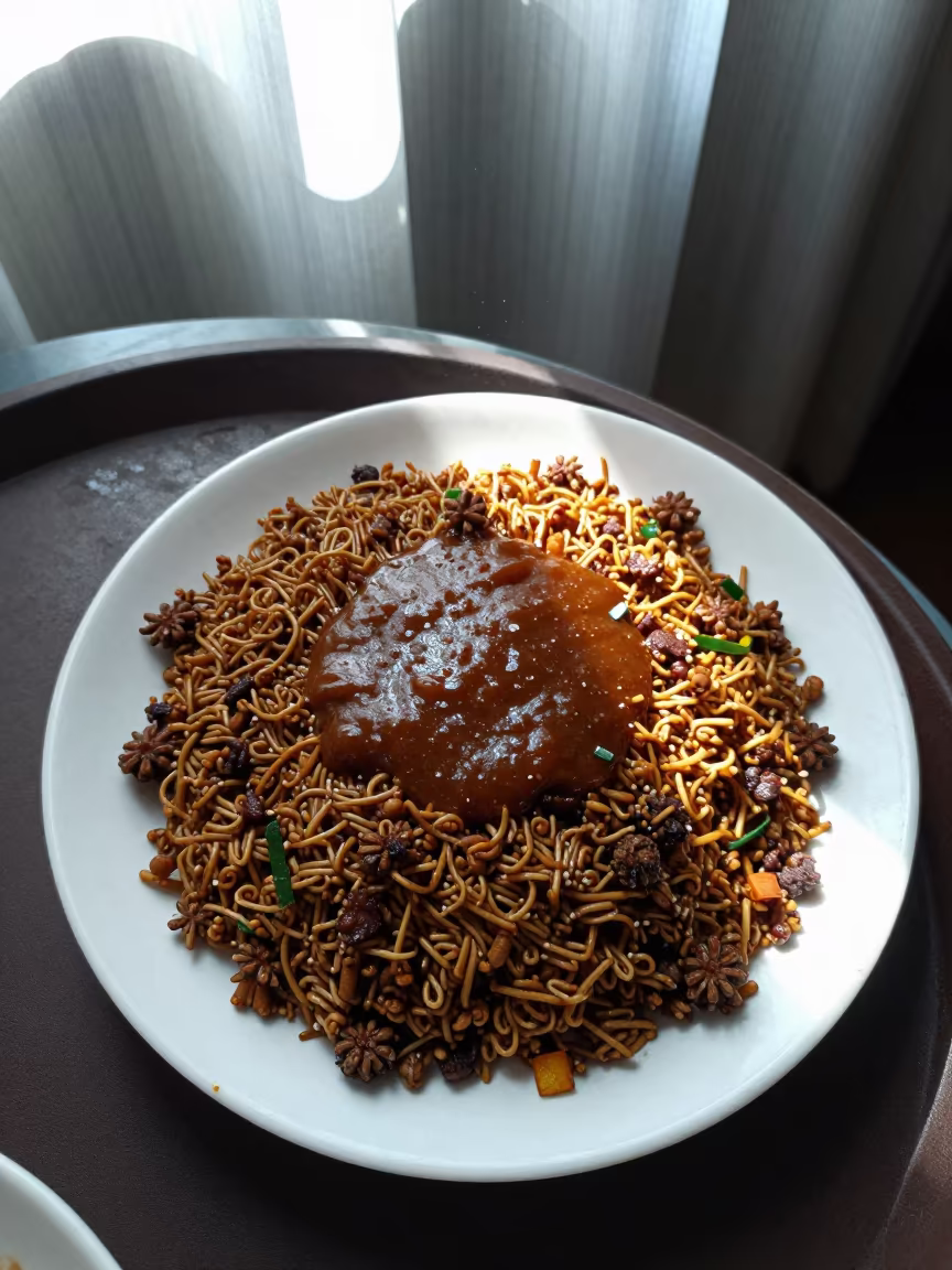 Ghanaian Waakye Plate with Shito on Tea House Tray in on a tea house tray in Guangzhou