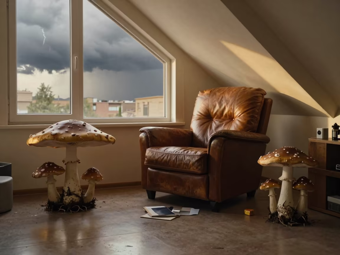 Ghazni Attic Storm and Giant Mushrooms in on a worn leather armchair in Ghazni