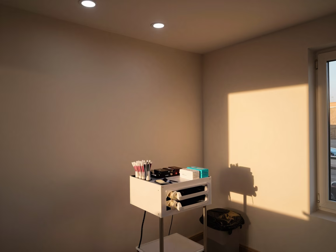 Ghazni Barber Waxing Station Evening Light in at a barber station beneath mirror bulbs in Ghazni