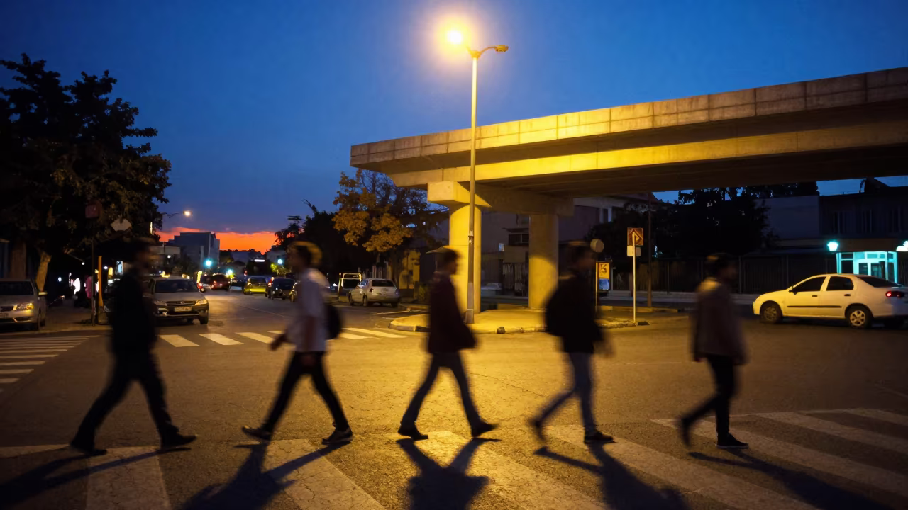 Ghost Commuters Under Flickering Zagazig Light in beneath a flickering underpass light in Zagazig