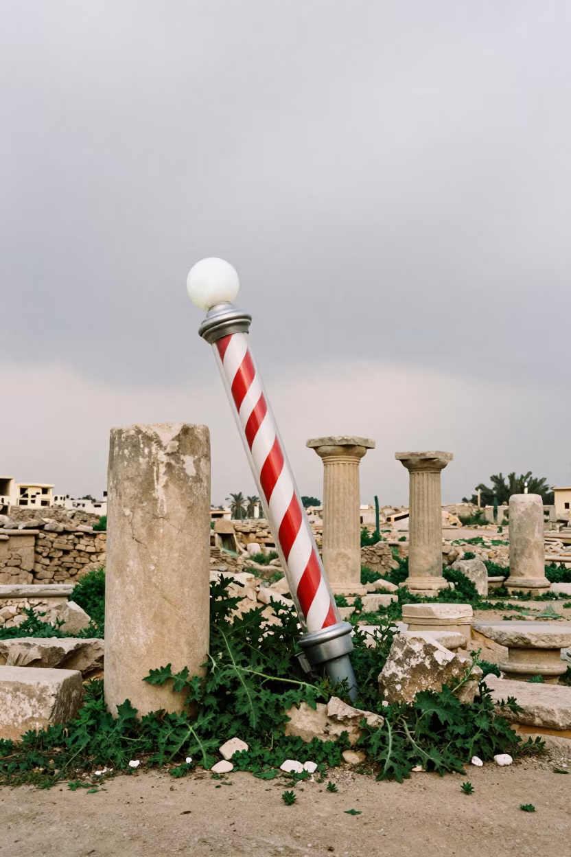 Ghost Town Barber Pole Amidst Ruins in among toppled columns and nettles in Egypt