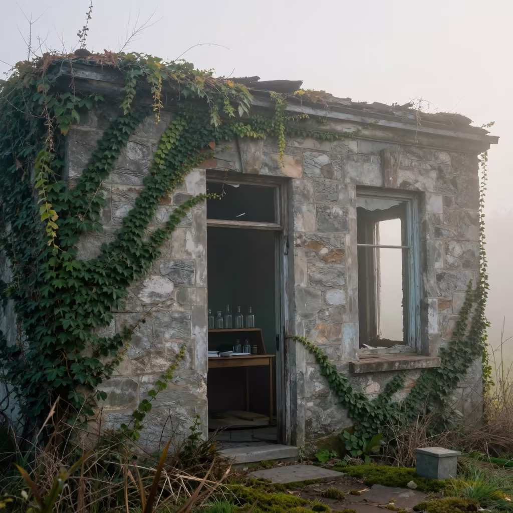 Ghost Town Doctor Office Bottles Ivy Masonry in beside ivy-draped masonry near Charlotte