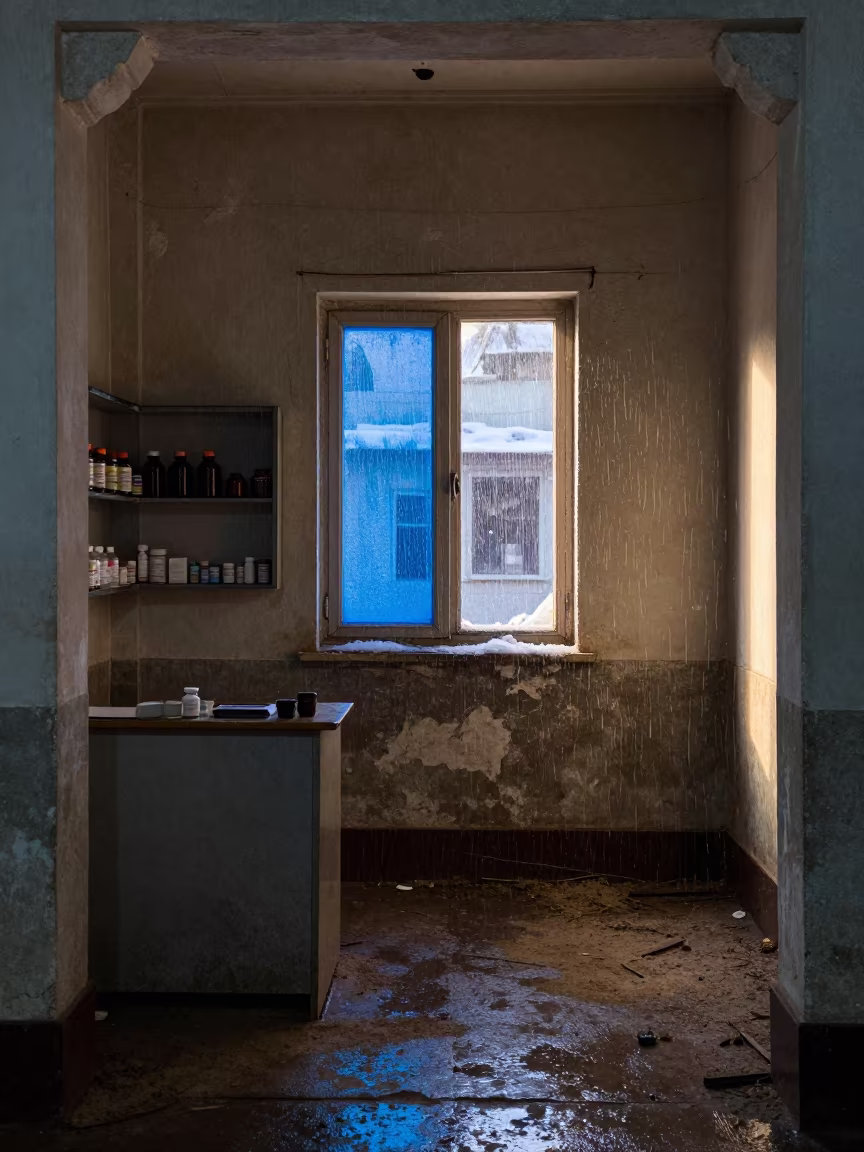 Ghost Town Doctor Office Rain Snow Split Light in through an abandoned ceremonial court near Faisalabad