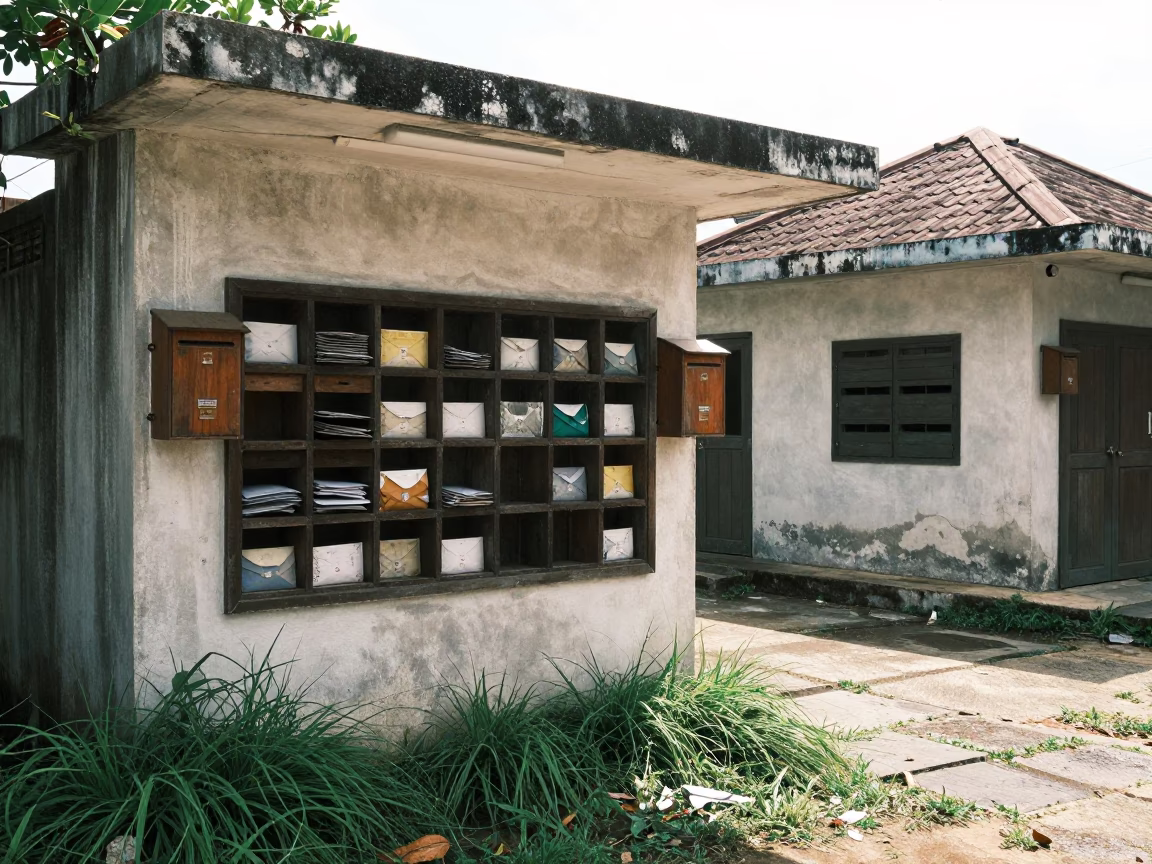 Ghost Town Post Office Mail Cubbies in through a courtyard reclaimed by grasses near Da Nang