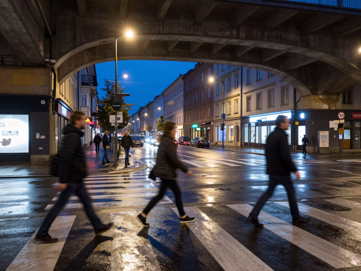 Ghosting Commuters Chorzów Underpass Night in beneath a flickering underpass light in Chorzów