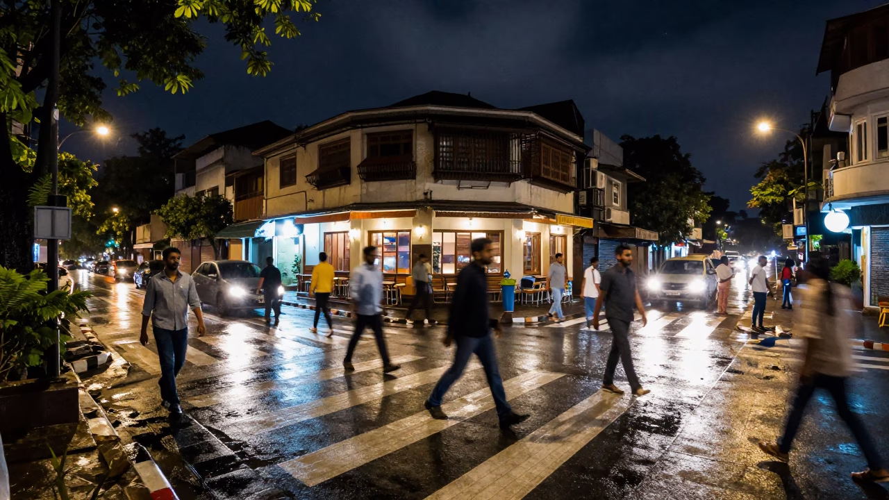Ghosting Commuters Night Crosswalk Pune Wet Season in outside a corner cafe in Pune