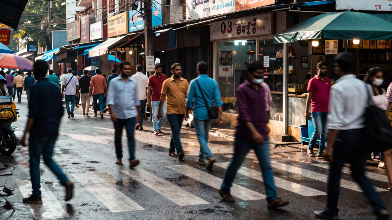 Ghosting Commuters on Wet Mangalore Street in along a market-lined side street in Mangalore