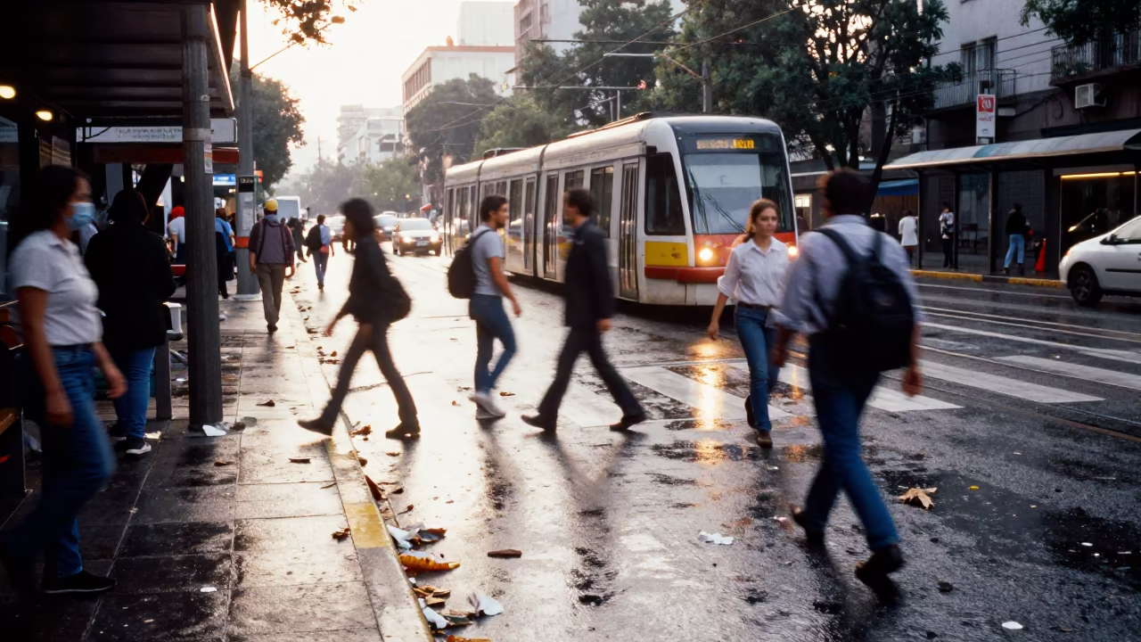 Ghostly Commuters Crosswalk Mexico City Rain in at a tram stop in Mexico City