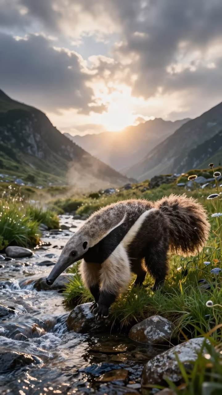 Giant Anteater Walking Near Glacial Stream at Dawn in above a glacial stream in Austria