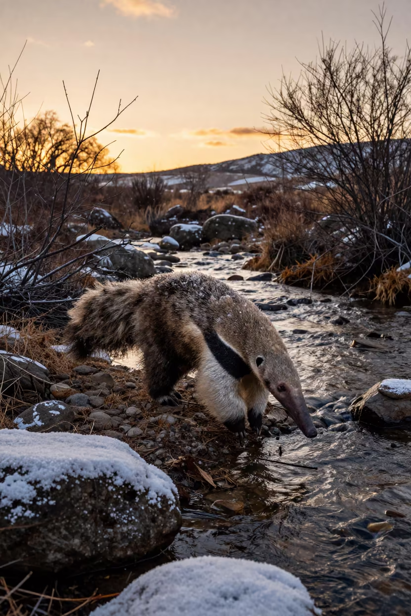 Giant Anteater Walking Near Glacial Stream at Sunset in above a glacial stream near Rotorua