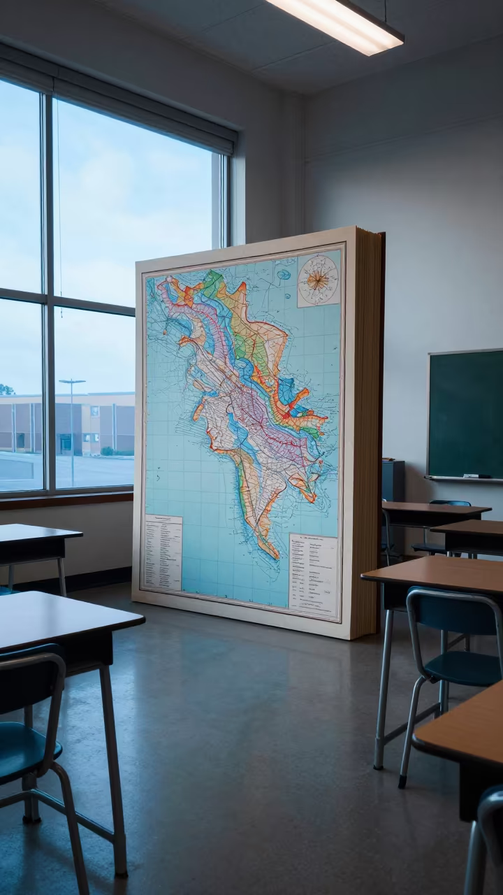 Giant Atlas Book Tower in Morning Light in inside an art classroom in Richmond