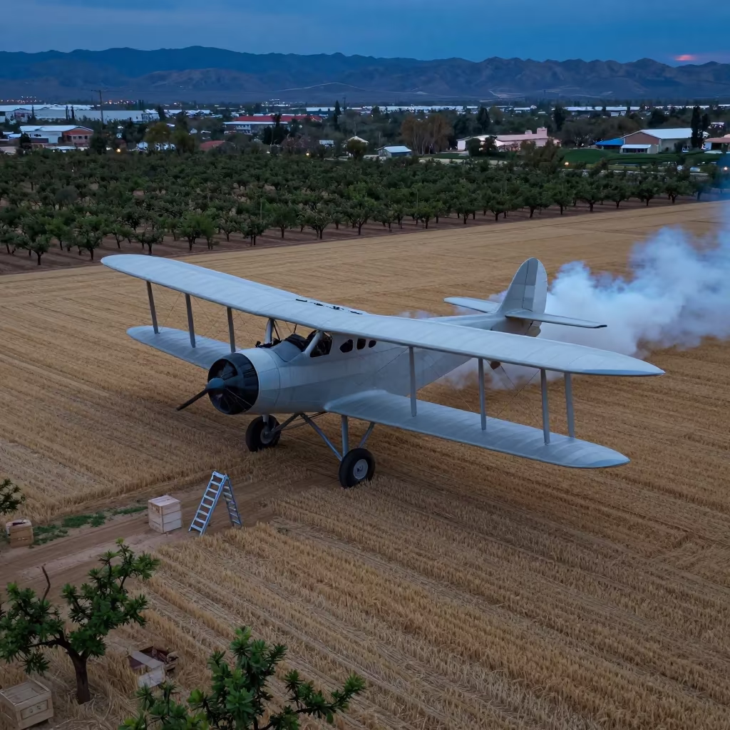Giant Biplane Smoke Over Harvest Field Twilight in among orchard ladders and crates in Las Vegas