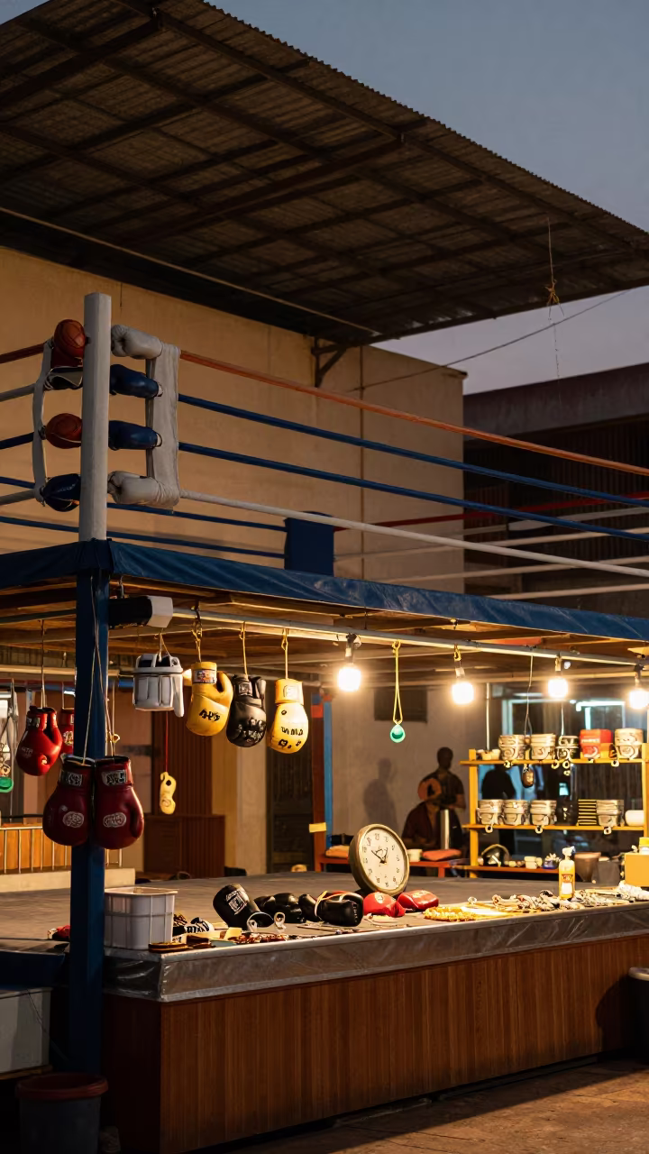 Giant Boxing Apron Dangles in Bazaar in at a jewelry counter inside a covered bazaar near Dindigul