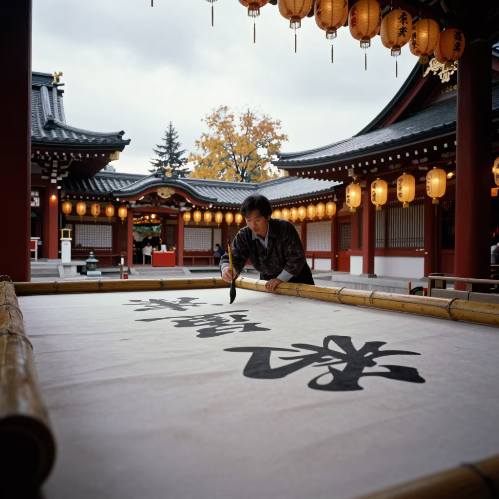 Giant Brush Calligraphy in Calgary Shrine Lanterns in in a shrine lined with lanterns in Calgary