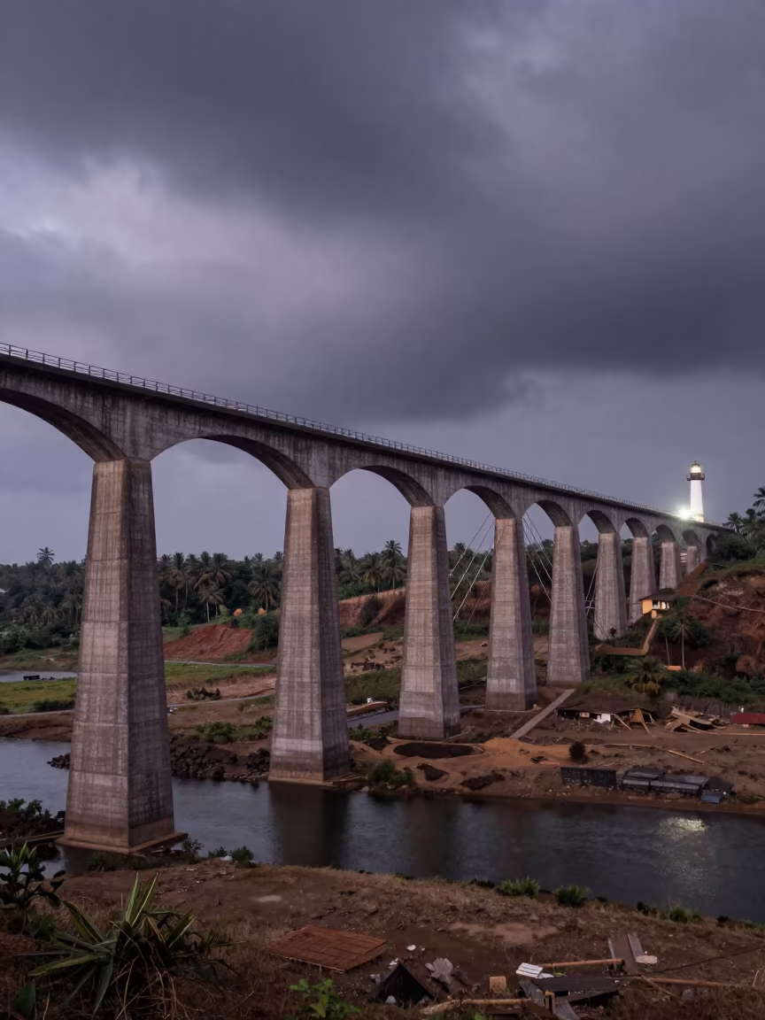 Giant Canal Aqueduct Under Bridge at Night in under a cable-stayed bridge span in Goa