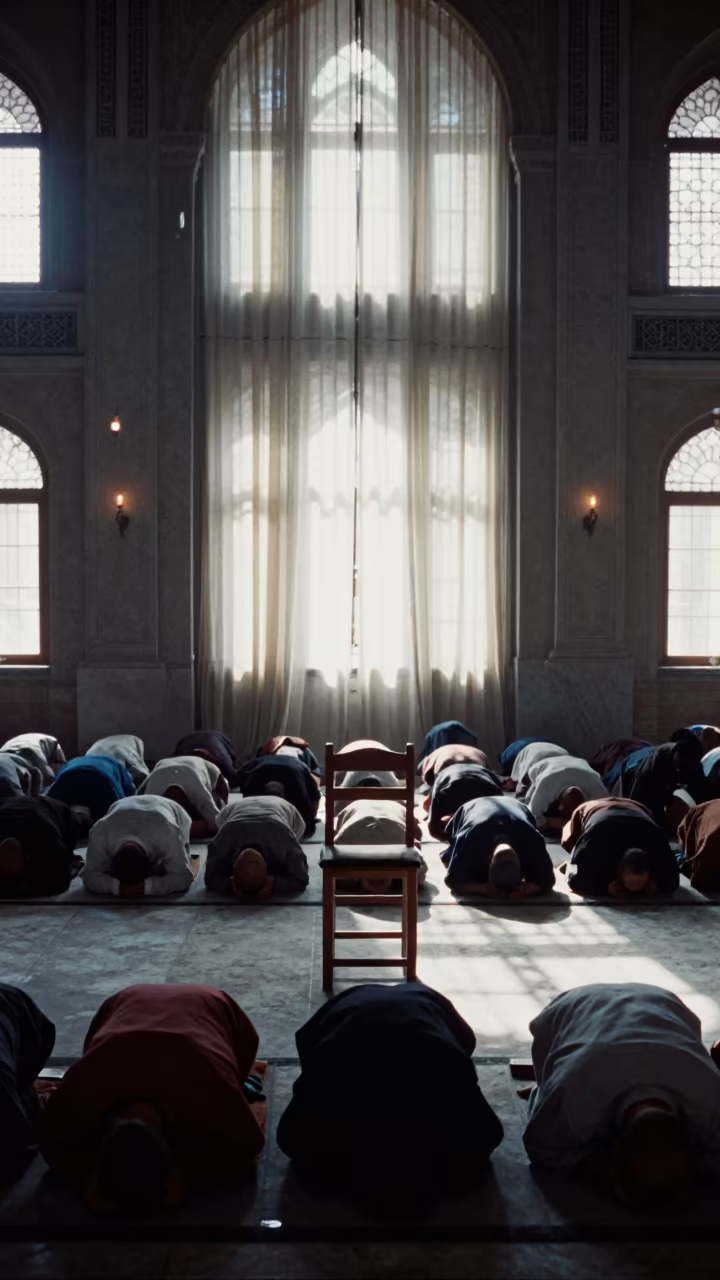 Giant Chair in Zamalek Mosque with Silhouetted Worshippers in inside a candlelit nave in Zamalek, Cairo