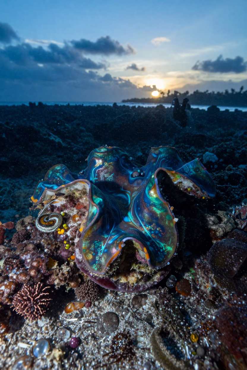 Giant Clam Mantle Blue Hour Reef Silhouette in beside a volcanic reef overhang near Stone Town