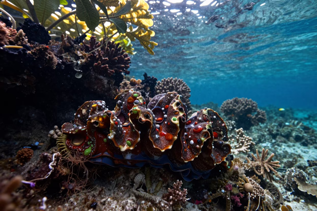 Giant Clam Mantle in Dappled Coral Shallows in beside a volcanic reef overhang near Stone Town