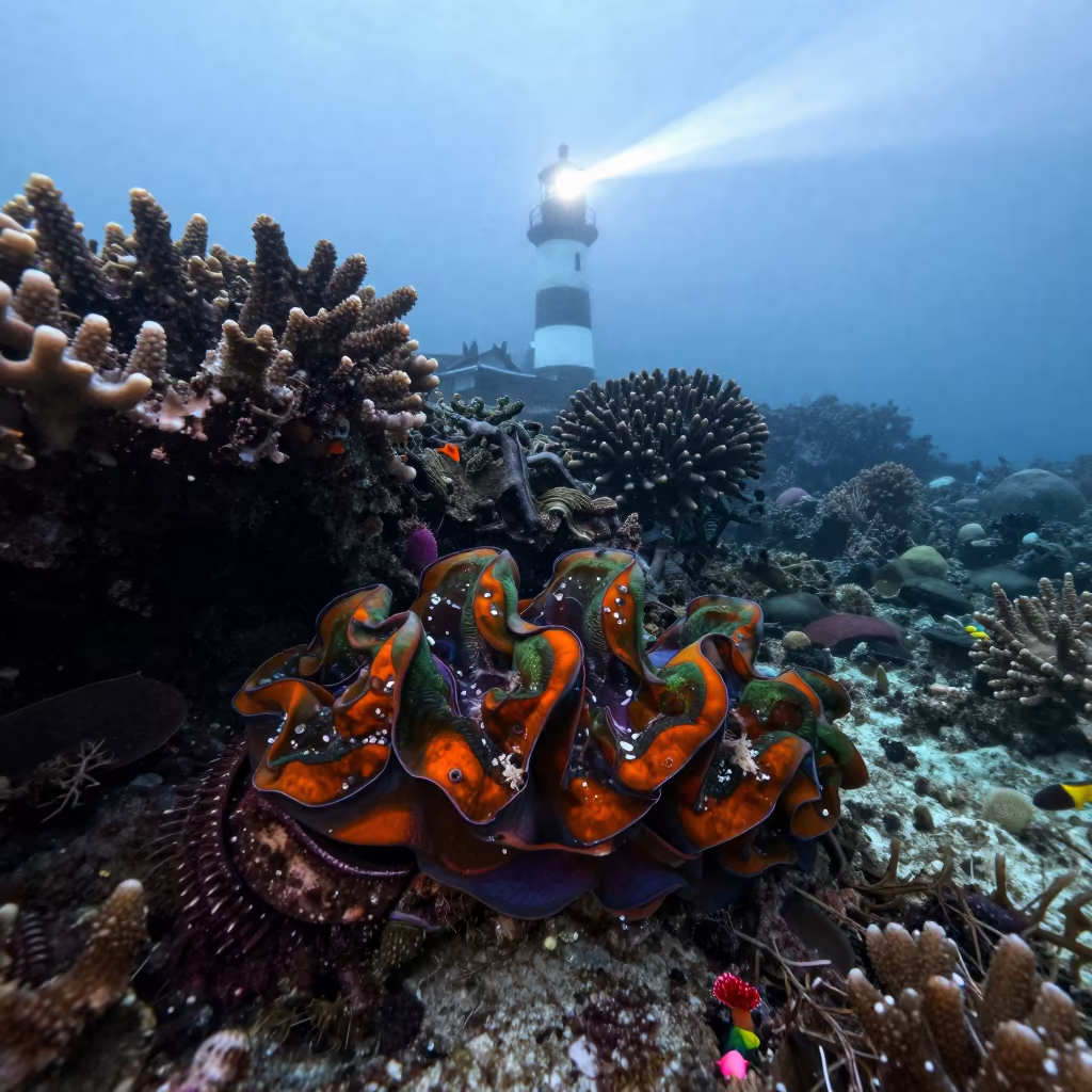 Giant Clam Mantle in Dawn Lighthouse Light in beside a volcanic reef overhang near Stone Town