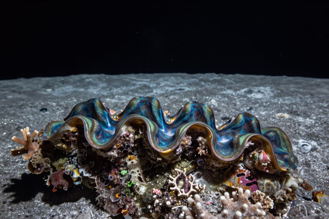 Giant Clam Mantle Under Lunar Dawn Light in along a coral wall with blue water beyond near Cebu