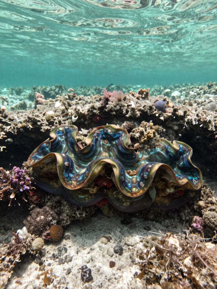 Giant Clam Mantle Under Reef Ledge Cebu in beneath a reef ledge in tropical shallows near Cebu