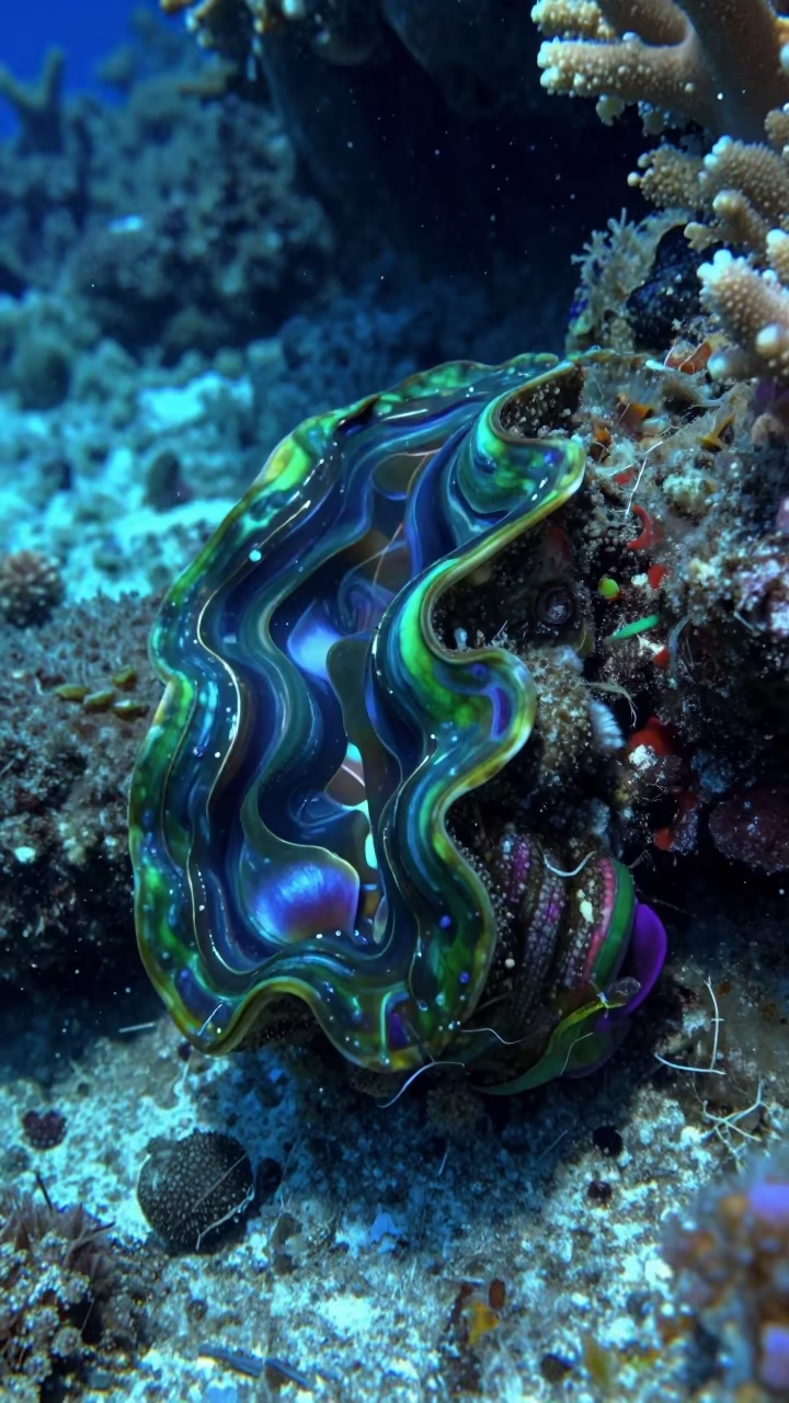 Giant Clam Vivid Mantle in Cebu Coral Shallows in along a coral wall with blue water beyond near Cebu