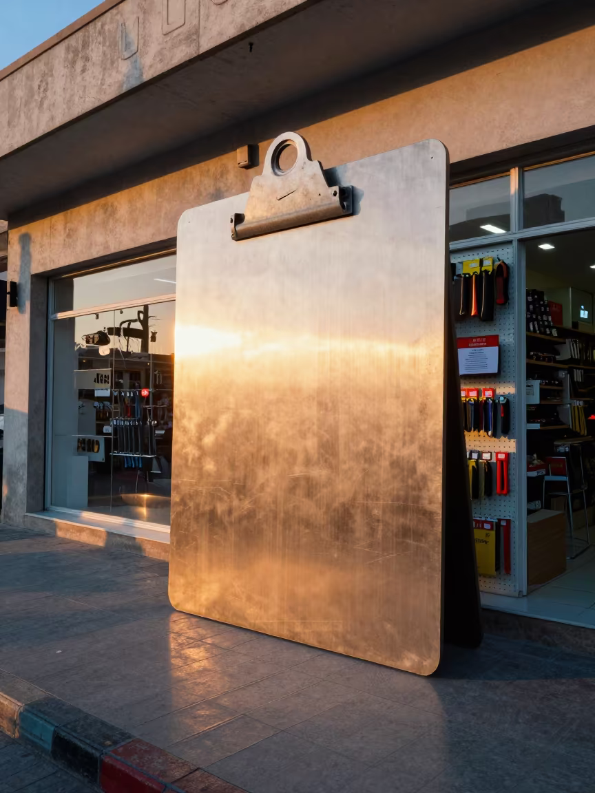 Giant Clipboard Tower Outside Hargeisa Store in outside a lit retail frontage after dark in Hargeisa