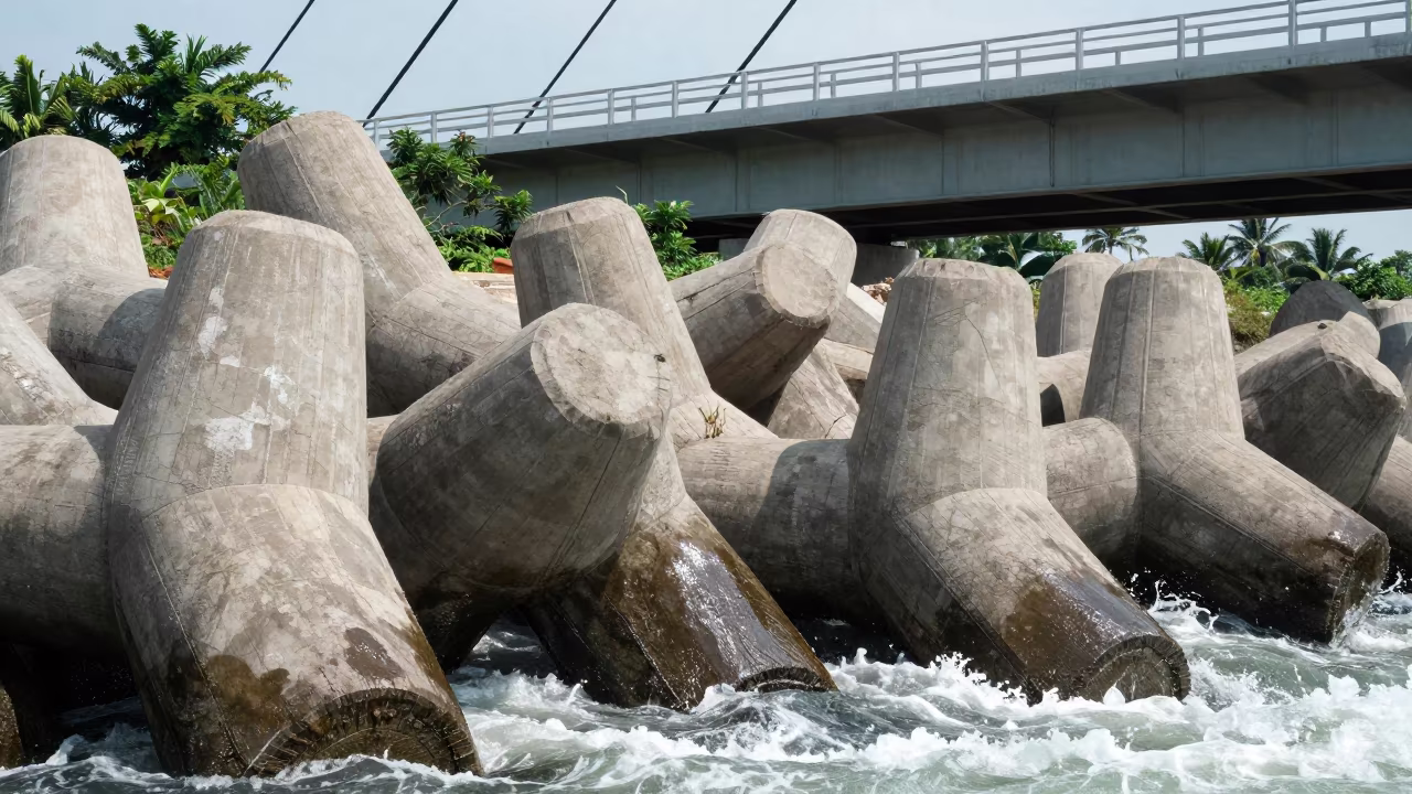 Giant Concrete Blocks Under Bridge Storm Light in under a cable-stayed bridge span in Jharkhand