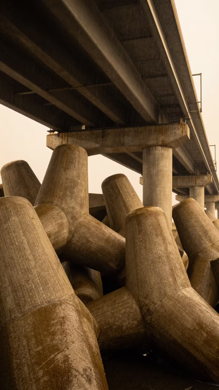 Giant Concrete Breakwater Under Amber Storm Light in across a windy overpass interchange in United Kingdom