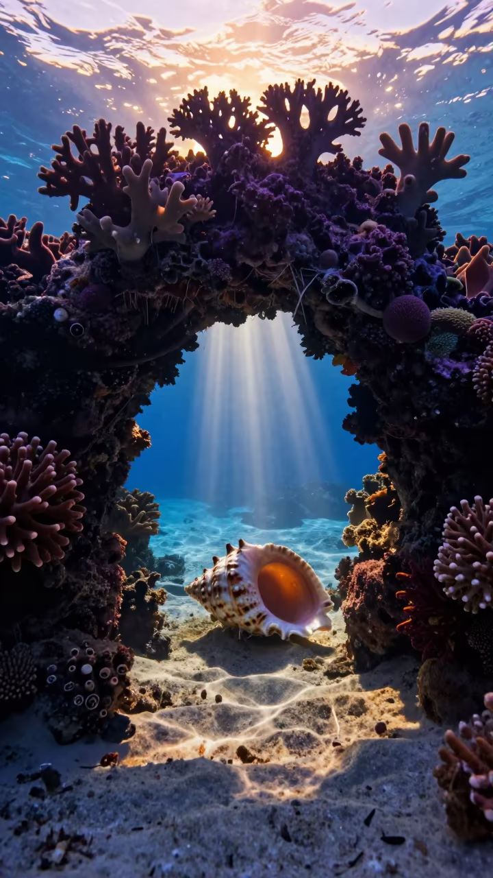 Giant Coral Ledge Underwater Sunset in beneath a reef ledge in tropical shallows near Stone Town