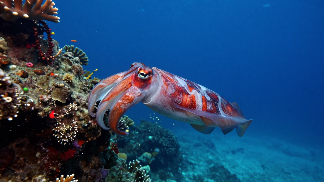 Giant Cuttlefish Displaying Colors Near Belize Coral Wall in along a coral wall with blue water beyond near Belize City