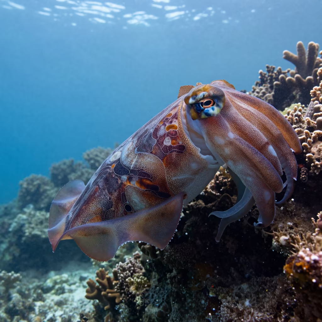 Giant Cuttlefish Displaying Colors on Coral Wall in along a coral wall with blue water beyond near Belize City