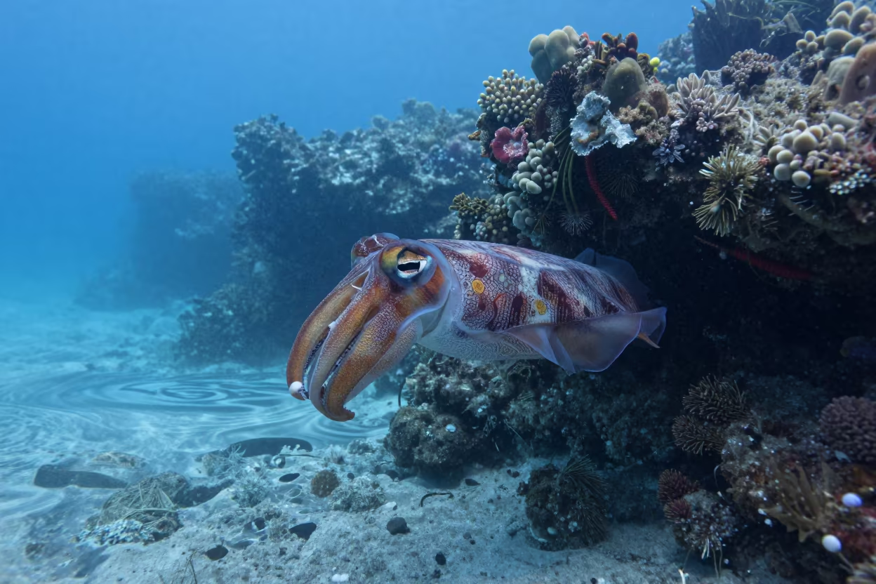 Giant Cuttlefish Colors Reef Crevice Dawn in beside a reef crevice under clear water near Denpasar