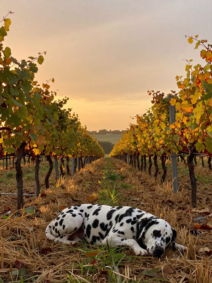 Giant Dog Asleep in Dalmatian Vineyard at Sunset in across a harvested grain field in Dalmatia