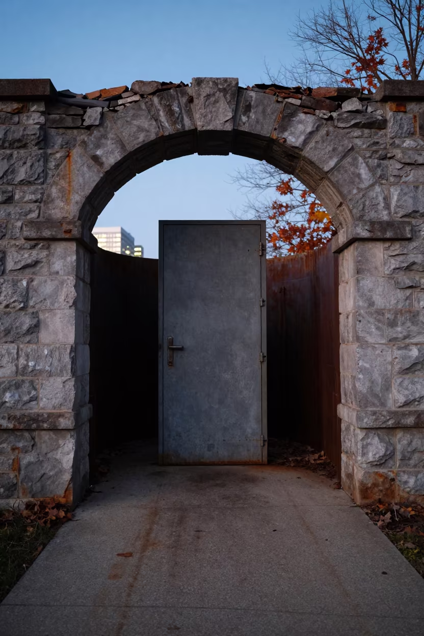 Giant Door in Mississippi Fallout Shelter in beneath a broken stone arch in Mississippi