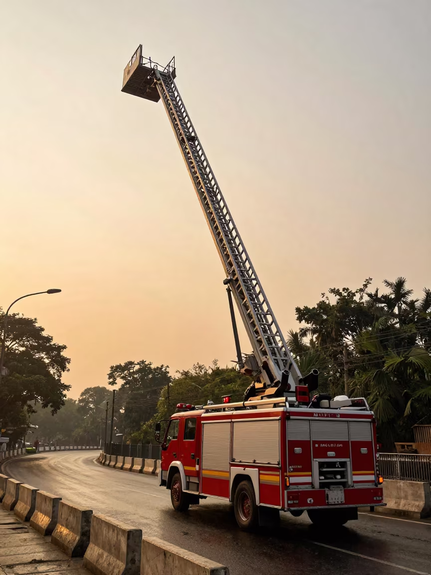 Giant Fire Engine Ladder Kolkata Golden Rain in along a switchback approach near Kolkata
