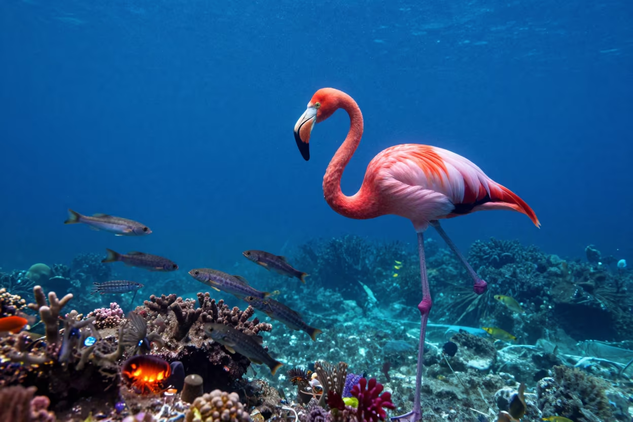 Giant Flamingo Ambush in Italian Tide Pool in above a cold-water reef edge in Italy
